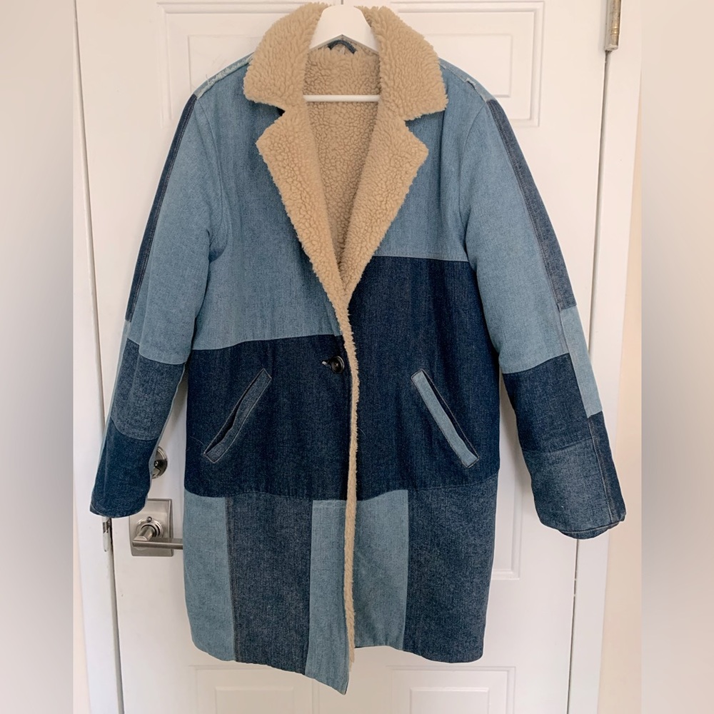 Vintage Denim Patchwork Shearling Coat - image 1